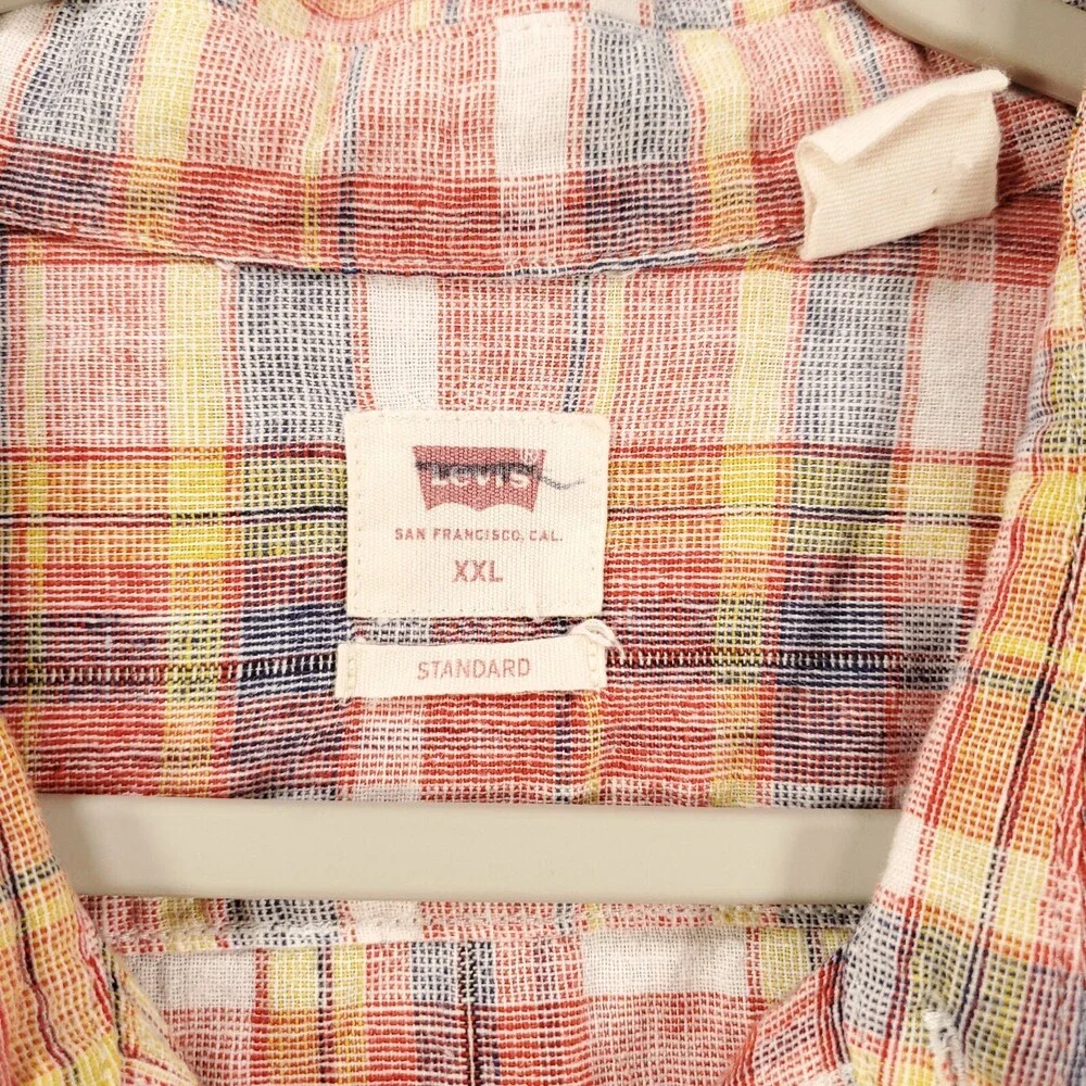 Levis Linen Shirt Mens 2XL Button Up Red Blue Plaid Standard Fit Button Up XXL